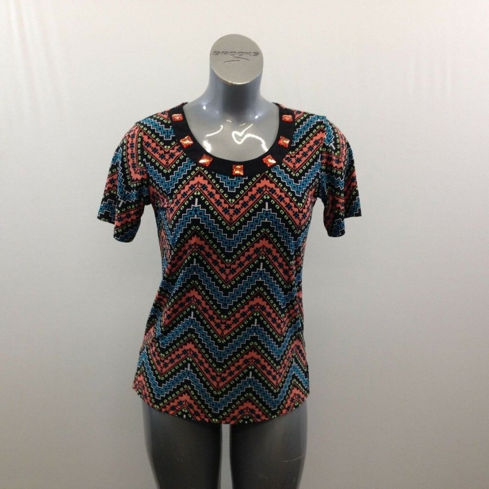 Forget Me Not Women's Short Sleeve Top Size Medium Multicoloured Zig Zag Pattern